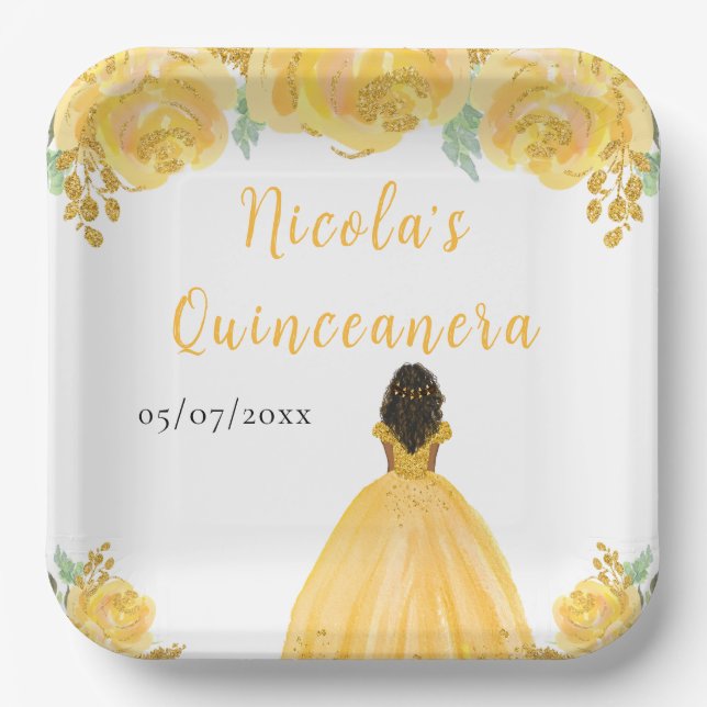Assiettes En Carton Dark Skin Princess Gold Floral Quinceanera (Recto)