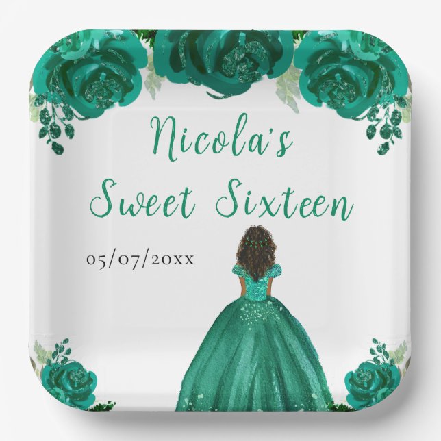 Assiettes En Carton Dark Skin Princess Green Floral Sweet Sixteen (Recto)
