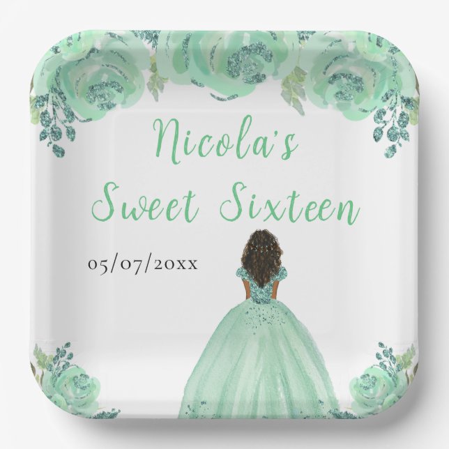 Assiettes En Carton Dark Skin Princess Mint Floral Sweet Sixteen (Recto)