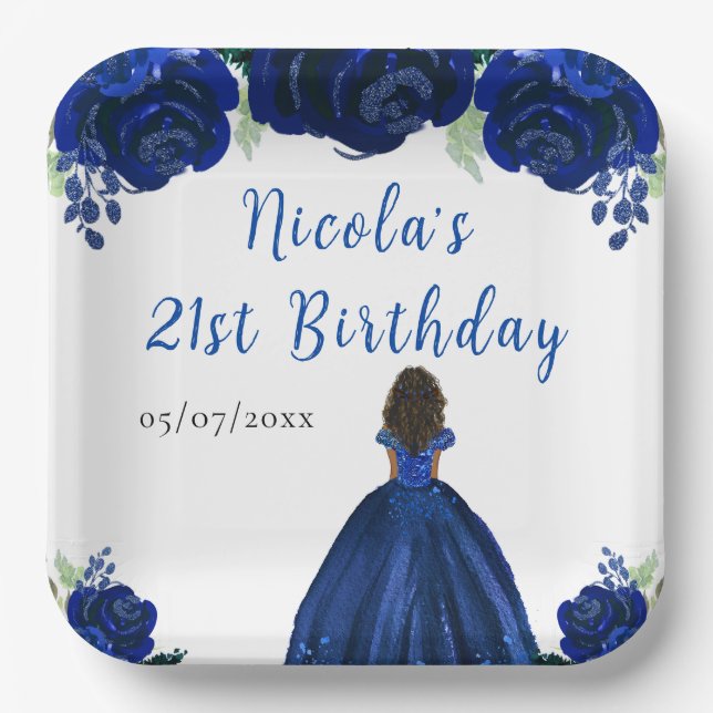 Assiettes En Carton Dark Skin Princess Navy Floral Birthday Party (Recto)