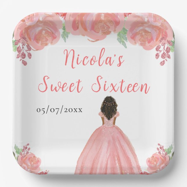 Assiettes En Carton Dark Skin Princess Pink Floral Sweet Sixteen (Recto)