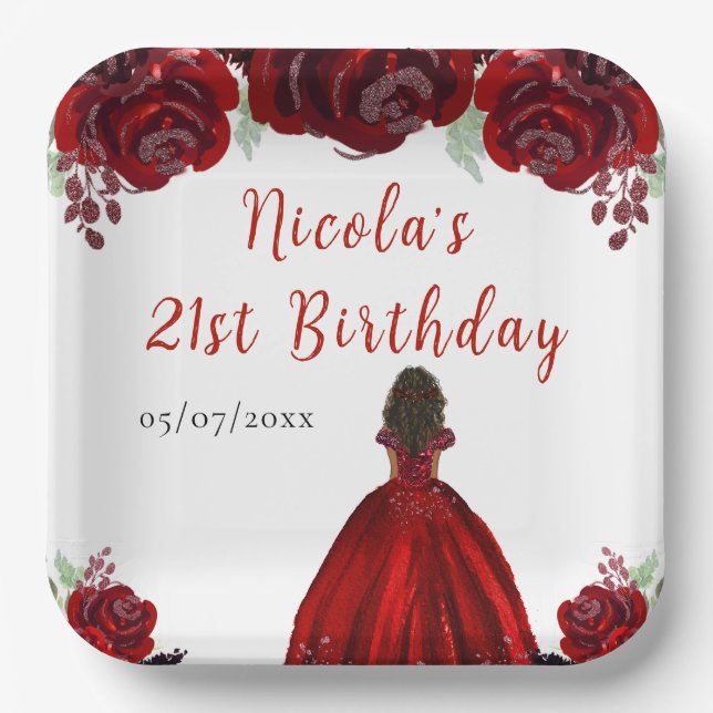 Assiettes En Carton Dark Skin Princess Red Floral Birthday (Recto)