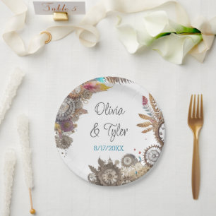 Assiettes En Carton Date et noms de mariage Steampunk floral