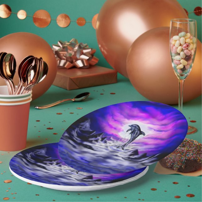Assiettes En Carton Dauphin clair de lune (Multi)