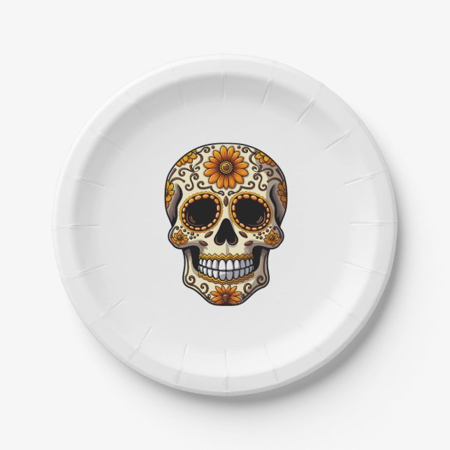Assiettes En Carton Day Of Dead Sugar Skull Floral Skeleton Head Bone  (Devant)