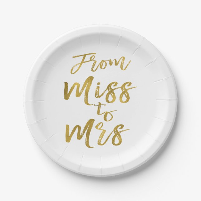 Assiettes En Carton De Miss à Mme Fête des mariées Party Gold Foil (Devant)
