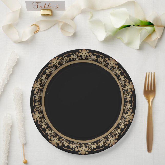 Assiettes En Carton Décadence des années 20 | Gold Black Art Déco mode (Mariage)