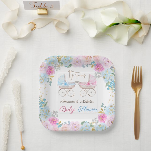 Assiettes En Carton Décor Baby shower Twins Rose et Bleu (Mariage)