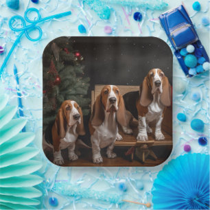 Assiettes En Carton Décor de Noël Basset Hound Snowy Sleigh