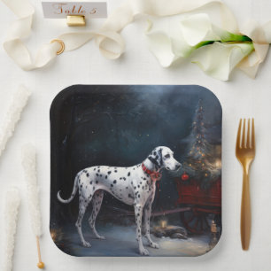 Assiettes En Carton Décor de Noël Dalmatien sur un traîneau enneigé