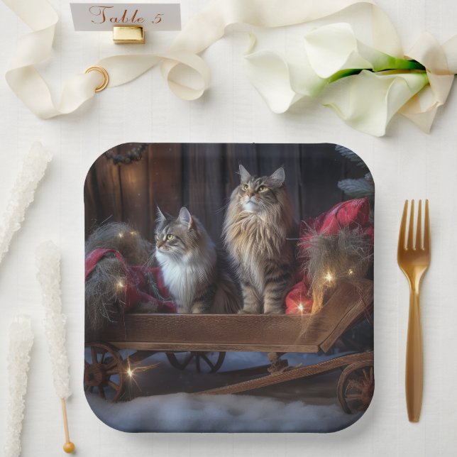 Assiettes En Carton Décor de Noël du Maine Coon Snowy Sleigh (Mariage)