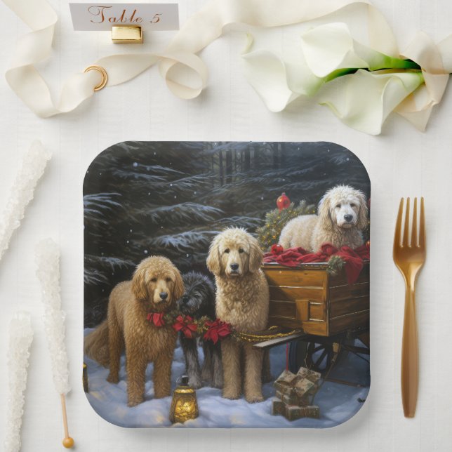 Assiettes En Carton Décor de Noël Goldendoodle Snowy Sleigh (Mariage)
