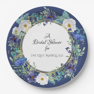 Assiettes En Carton Décor Fête des mariées Aquarelle Bleu Pavot Floral