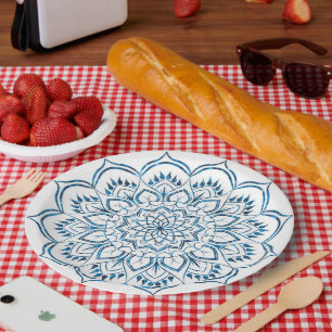 Assiettes En Carton Décor mandala métallisé bleu élégant