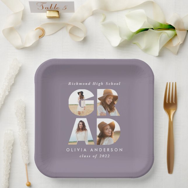 Assiettes En Carton Décor moderne violet multiphoto gris (Mariage)