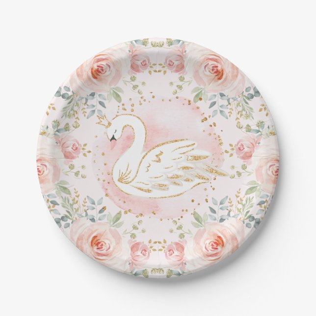 Assiettes En Carton Décor rose Gold Swan Princess Baby shower (Devant)