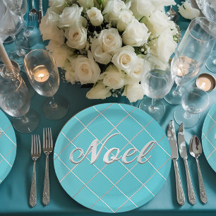 Assiettes En Carton Décoratif Festif Turquoise Bleu & Argent Noel