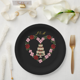 Assiettes En Carton Décoration de gâteau noire avec un cœur de rose