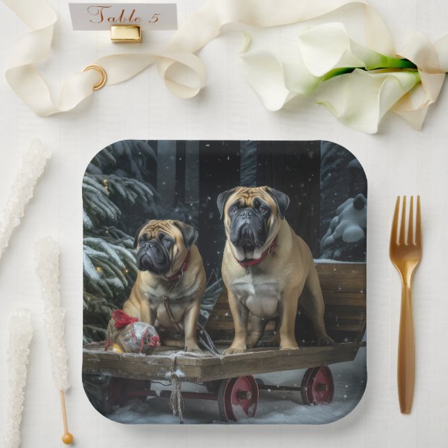 Assiettes En Carton Décoration de Noël Bullmastiff traîneau enneigé  (Mariage)