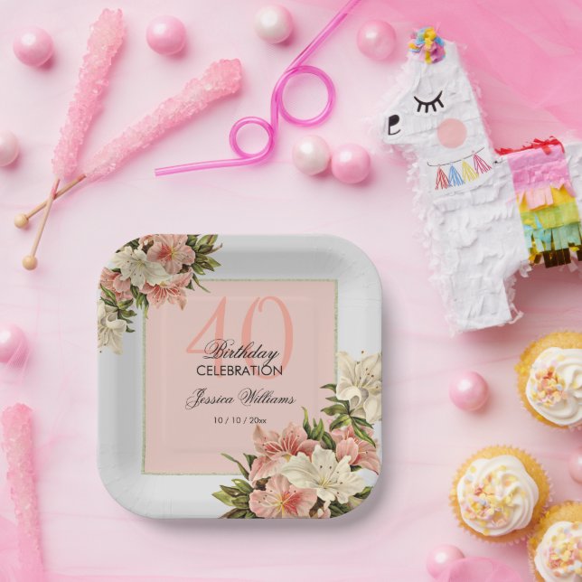 Assiettes En Carton Décorations florales Anniversaire féminin (Fête)