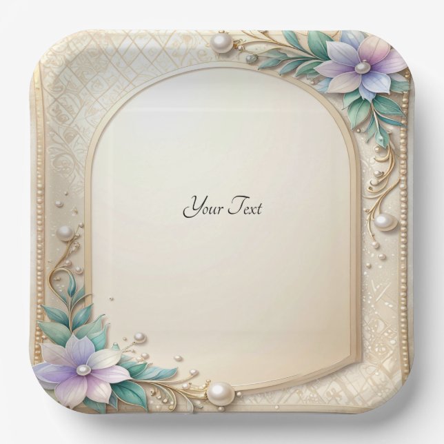 Assiettes En Carton Decorative Floral Frame with Pearls Paper Plate (Recto)