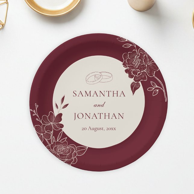 Assiettes En Carton Deep Burgundy Floral Ivory Circle Wedding (Deep Burgundy Floral Line Art with Ivory Wedding Paper Plate)
