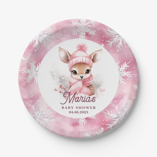 Assiettes En Carton Deer Pink Winter Casquette Scarf Nom personnalisé  (Devant)