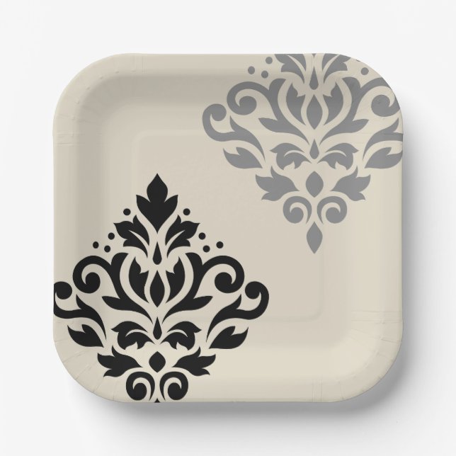 Assiettes En Carton Défiler Damask Art I Black Grey Crème (Recto)