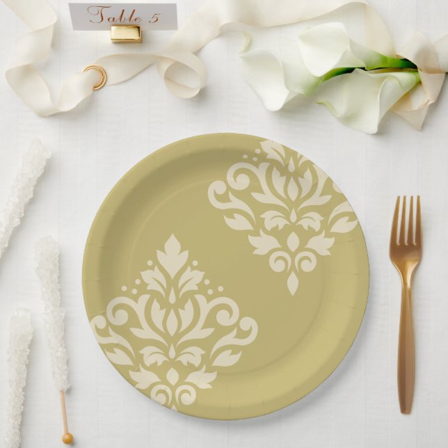 Assiettes En Carton Défiler Damask Art I Cream sur Gold (Mariage)