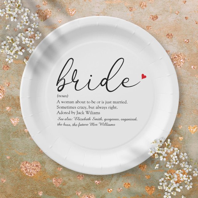 Assiettes En Carton Définition de la mariée Script de douche de mariag (Bride Definition, Bridal Shower Script Modern Paper Plates)