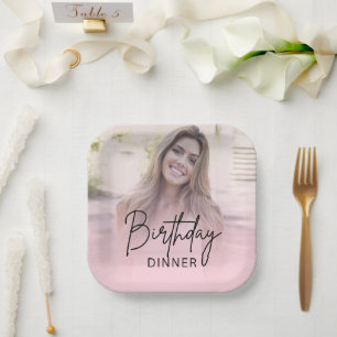 Assiettes En Carton Dégradé Rose Blush Élégant Photo Anniversaire Dîne