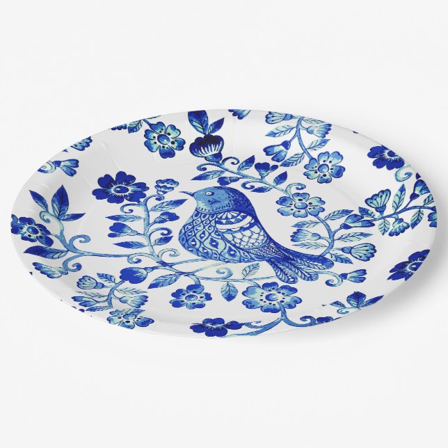 Assiettes En Carton Delft Blue Bird 🐦 floral France Pays Impacts (Angle)