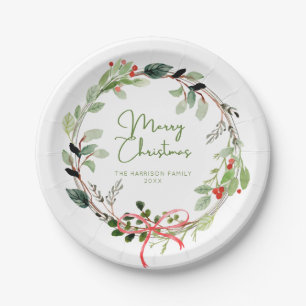 Assiettes En Carton Délicate aquarelle couronne de Noël