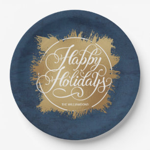 Assiettes En Carton Denim Blue Gold Faux Foil Holiday