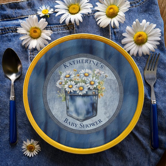 Assiettes En Carton Denim Blue Jean | Baby shower floral de Daisies (Blue Jean Pocket Denim and Daisies Baby Shower Round Paper Plates)