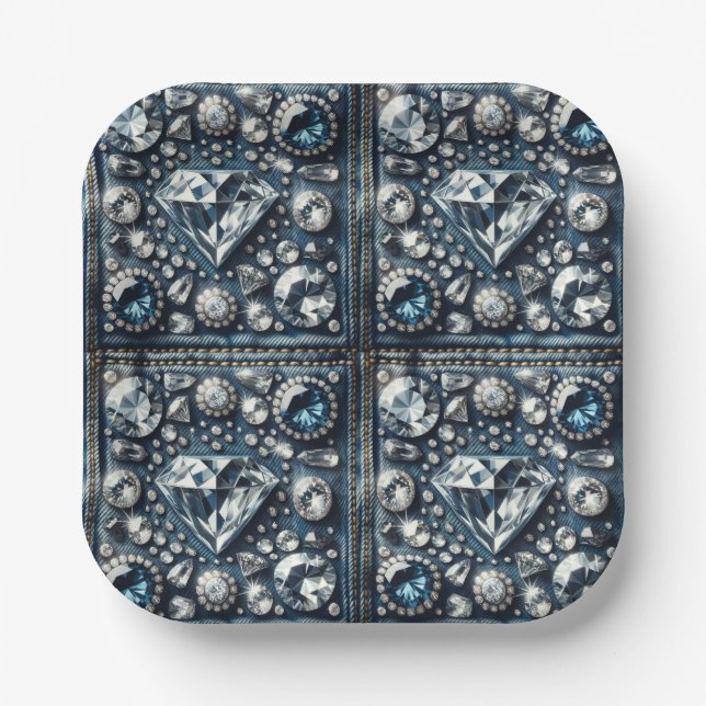 Assiettes En Carton Denim & Diamonds Bling Sweet 16 Anniversaire (Recto)