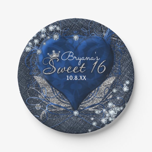 Assiettes En Carton Denim & Diamonds Blue Heart Sweet 16 Party (Devant)