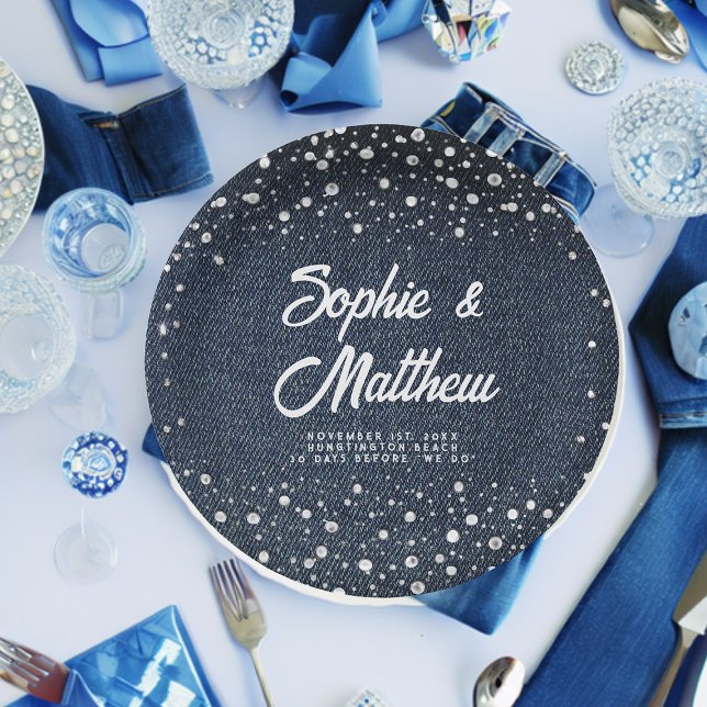 Assiettes En Carton Denim Diamonds Pearls Blue Couple Wedding shower (denim and pearls couple wedding shower custom paper plate blue jeans white rustic western country )