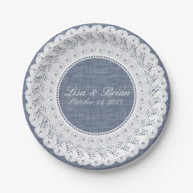 Assiettes En Carton Dénim et dentelle en chambray bleu (Devant)