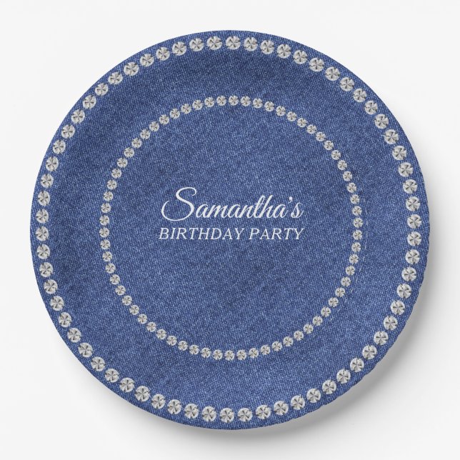 Assiettes En Carton Denim et Diamonds Blue Jeans Bling Anniversaire (Devant)