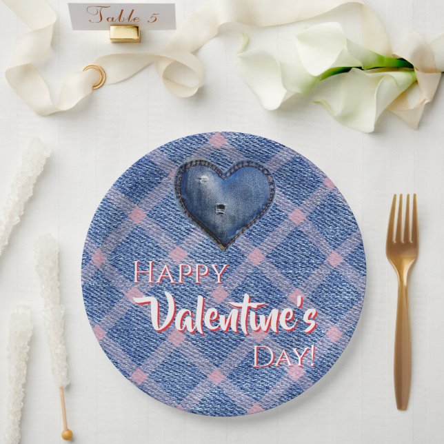 Assiettes En Carton Denim Heart Valentine's Day Party Plaid  (Mariage)