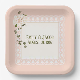 Assiettes En Carton Dentelle Blanche Anniversaire Sur Rose Peach