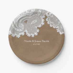 Assiettes En Carton Dentelle blanche et marron rustique chic élégant m