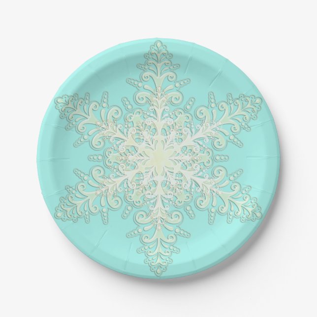 Assiettes En Carton Dentelle crème neige hiver blanc turquoise élégant (Devant)