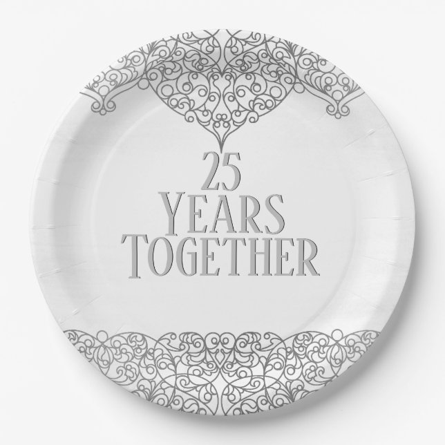 Assiettes En Carton Dentelle d'argent du 25e anniversaire sur blanc (Devant)