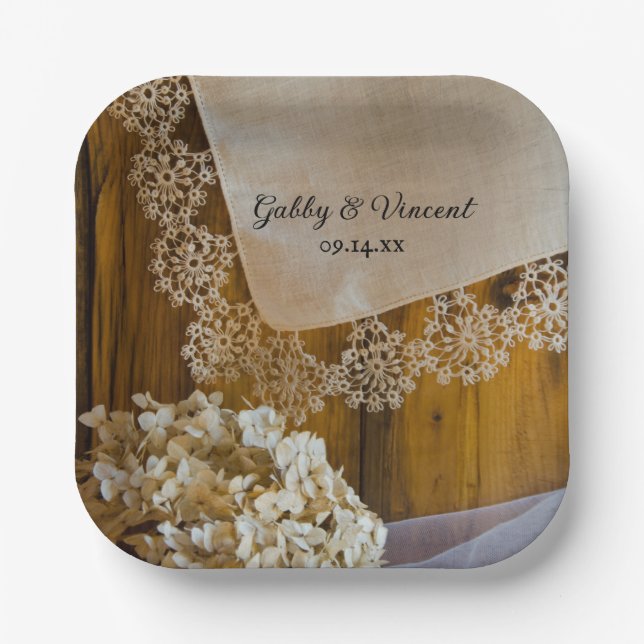 Assiettes En Carton Dentelle de campagne et fleurs Mariage de grange (Recto)