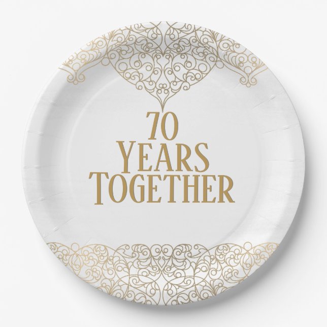 Assiettes En Carton Dentelle d'or du 70e anniversaire en blanc (Devant)
