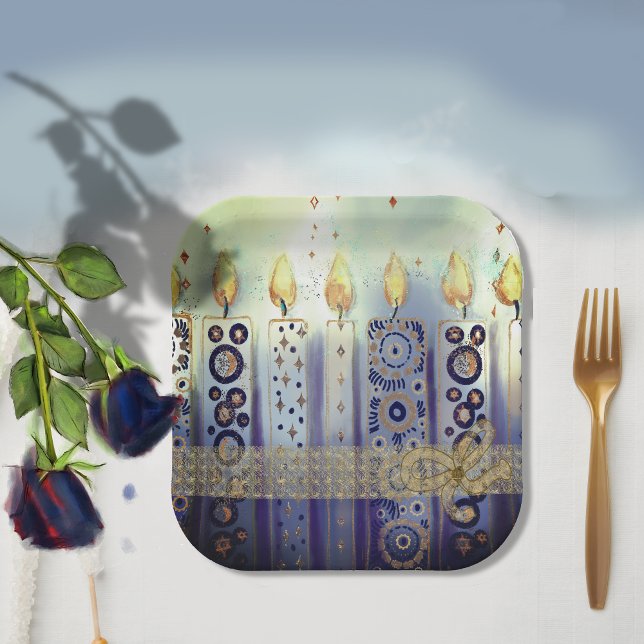 Assiettes En Carton Dentelle et bow Hanoukka de bougies ornementales (Ornamental Candles Lace & Bow Hanukkah Paper Plates)