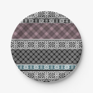 Assiettes En Carton Dentelle patchwork noir et blanc