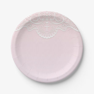 Assiettes En Carton Dentelle rose et blanche, religieuse